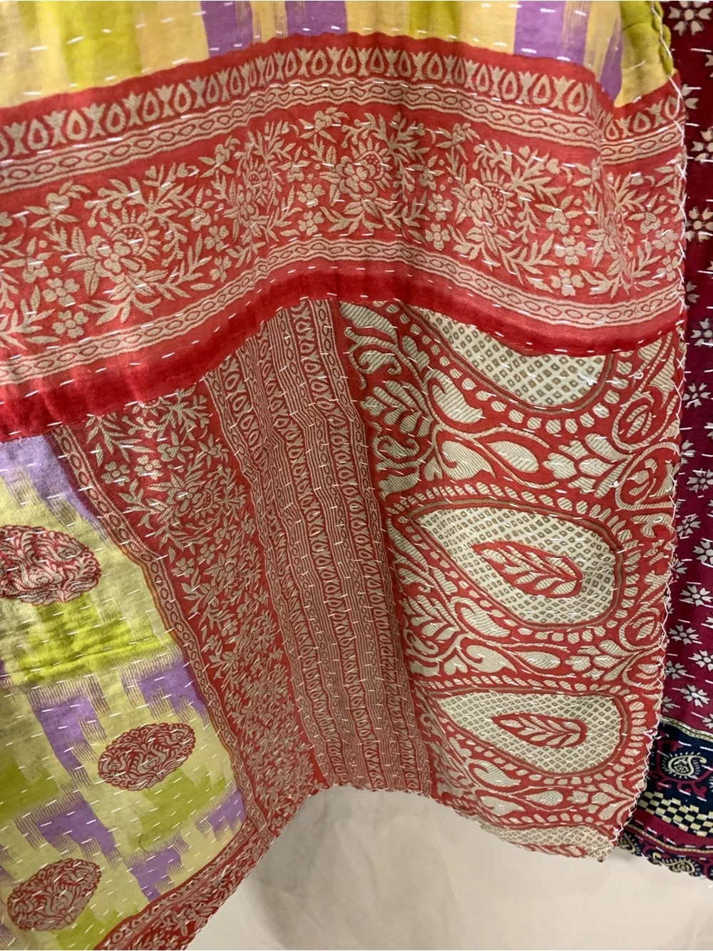 Handmade Kantha Quilt Twin Size Recycled Sari Cotton Maroon Chartreuse Purple